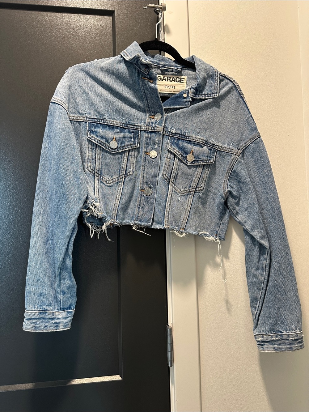 Garage Light Blue Cropped Frayed Denim Jacket